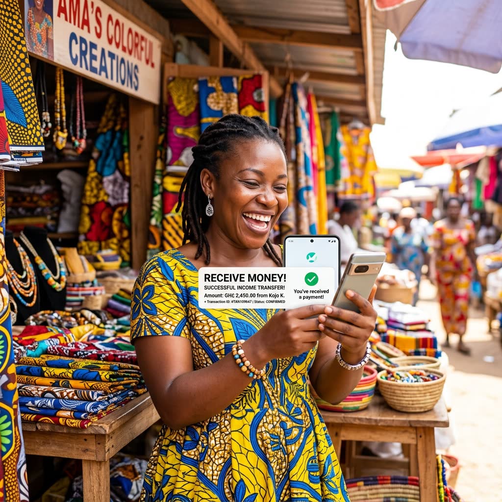 Amara smiling with smartphone checking market sales