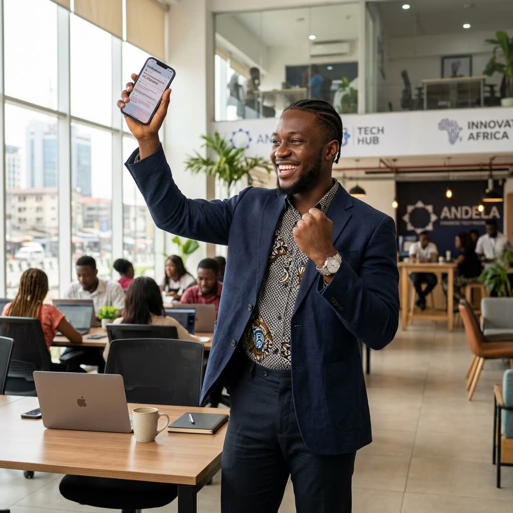 Tunde checking smartphone confirmation of capital gains